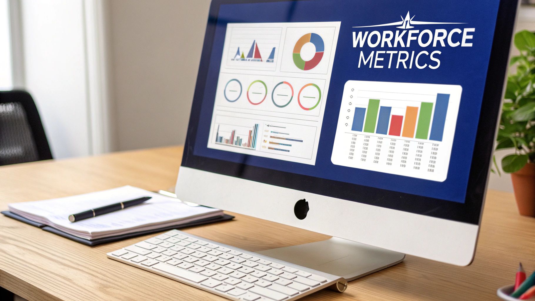 A desktop computer displays a 'Workforce Metrics' dashboard with various charts and graphs.