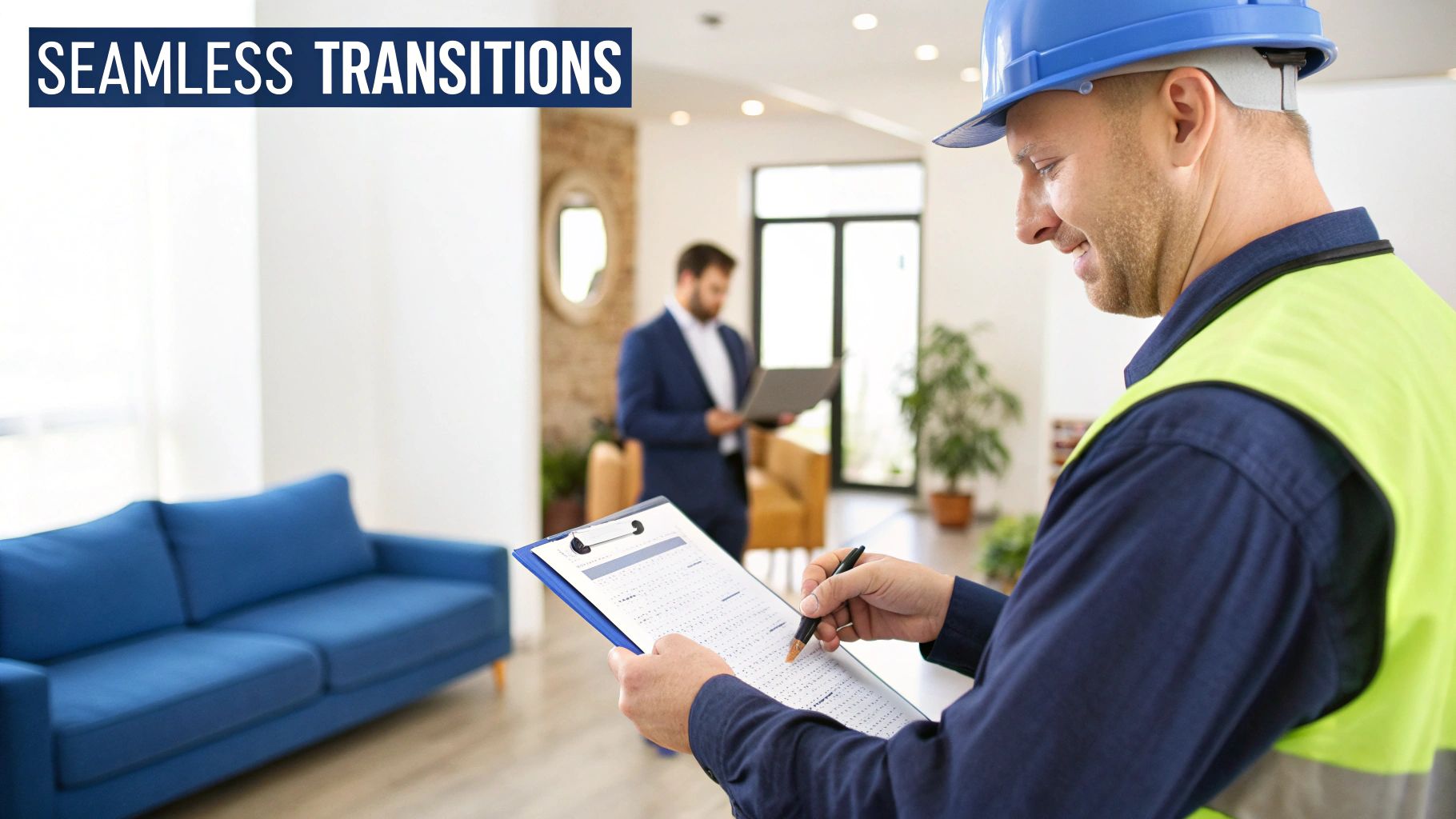 A construction worker in a hard hat and safety vest inspects a modern interior, while another man uses a laptop.