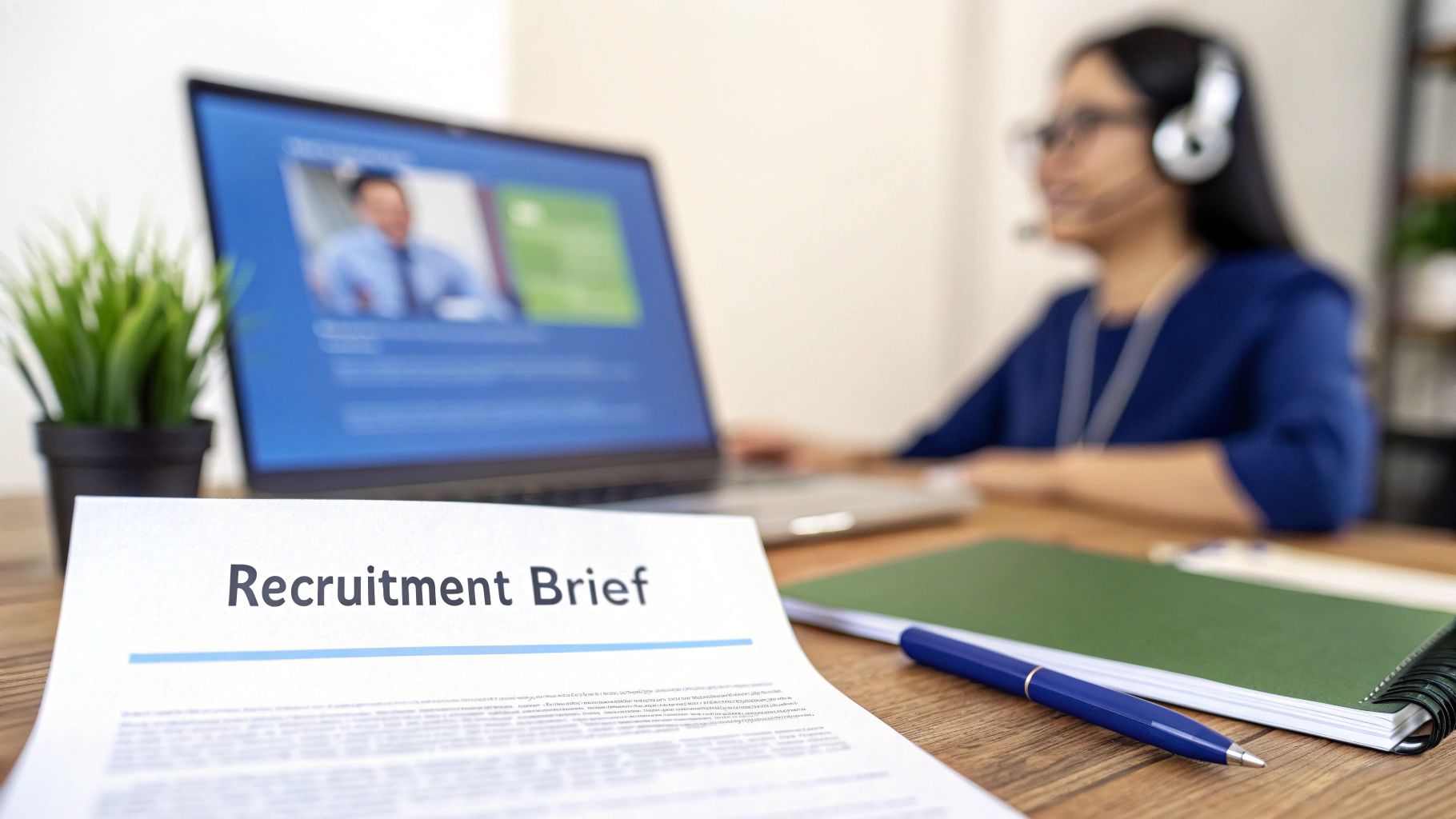 A 'Recruitment Brief' document on a wooden desk, with a recruiter conducting an online interview on a laptop.