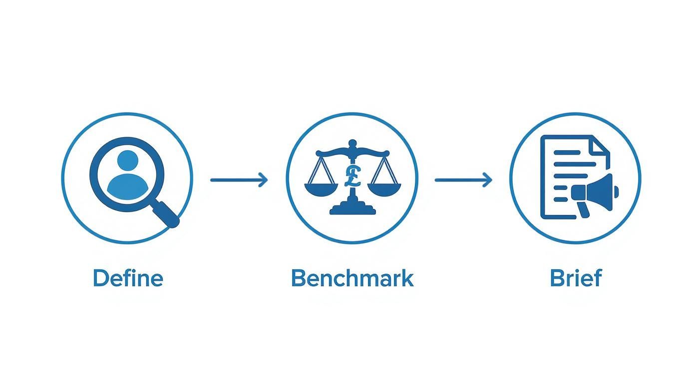 Three-step recruitment process: defining requirements, benchmarking, and creating a brief.
